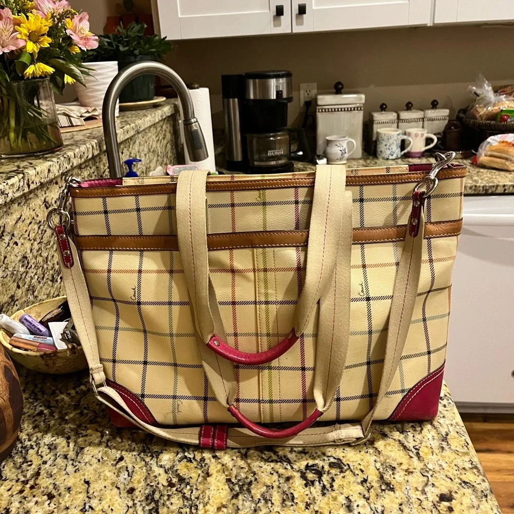 Coach Beige Plaid Canvas Laptop Tote with Pink Accent